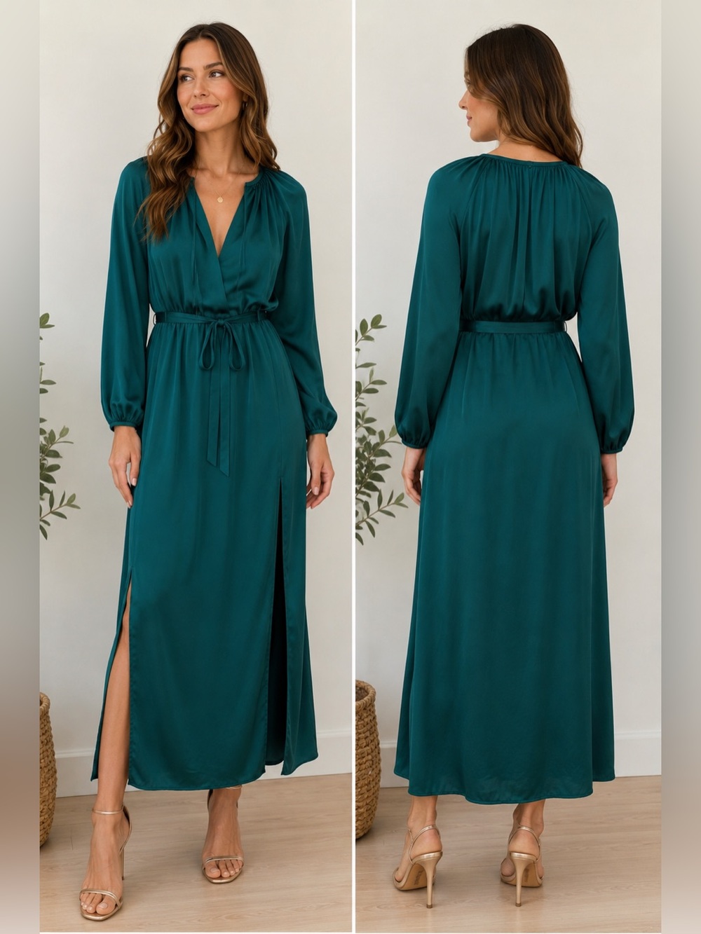 Antonio Melani Green Long Sleeve Dress Tie Waist Slit Size‎ XS